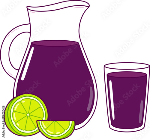 Chicha morada pitcher and glass with limes. Traditional purple corn based drink from Peru. Cartoon vector clip art illustration, cute doodle drawing.