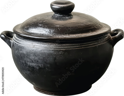 Black Ceramic Pot with Handles and Lid on White Background Keywords: pot, ceramic, clay, cookware, cooking, kitchen, food, storage, rustic, traditional, old