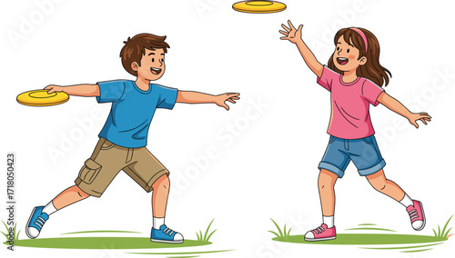  Happy boy and girl playing with a frisbee in the park, enjoying a fun summer day, a cartoon vector illustration on white background
