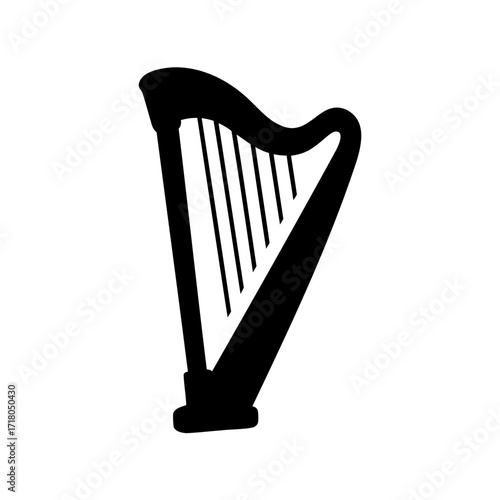 Silhouette of a harp musical instrument against a white background, graphic art