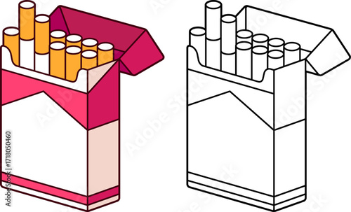 Open cigarette pack cartoon drawing, color and black and white line art. Isolated vector clipart illustration.
