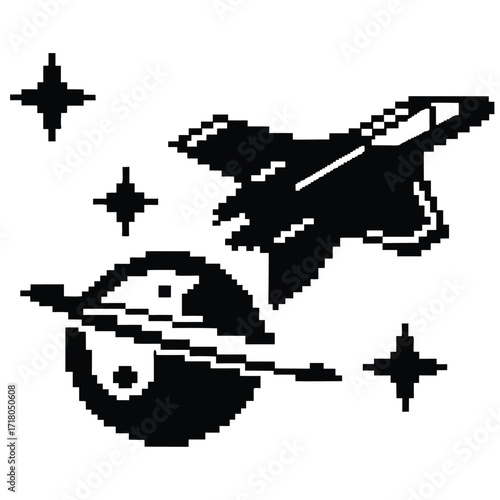 Pixel Art Retro Spaceship, Planet with Rings, and Star Icons on White Background