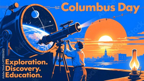 Columbus Day Inspiring Columbus Day scene with explorer observing Earth through telescope, celebrating exploration, discovery, and education under a vibrant sunset sky.