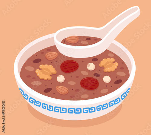 Laba congee, traditional Chinese porridge  for Laba Festival. Cartoon vector clip art illustration.