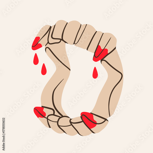 Vampire plastic Jaws with blood drops. Fake Dracula teeth with fangs. Hand drawn modern Vector illustration. Isolated design element. Print, logo, sticker template. Halloween, party concept