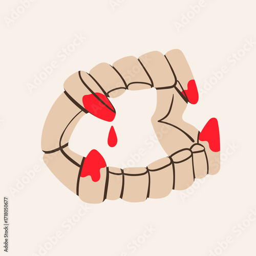 Vampire plastic Jaws with blood drops. Fake Dracula teeth with fangs. Hand drawn modern Vector illustration. Isolated design element. Print, logo, sticker template. Halloween, party concept