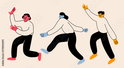 Abstract People in movement. Creatures in various positions. Cute cartoon colorful characters. Small heads, long arms, black pants. Hand drawn modern Vector illustration. Isolated design elements