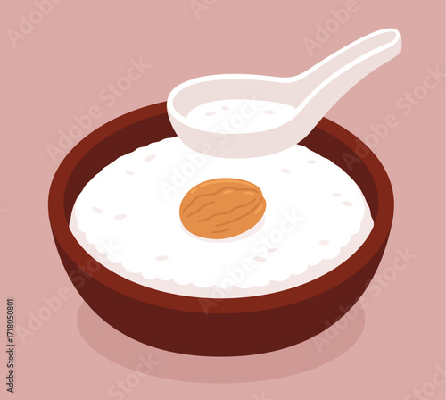 Kayu (Okayu), traditional Japanese rice porridge with umeboshi pickled plum. Cartoon vector clip art illustration.