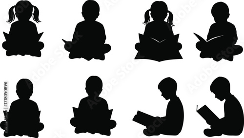 Children reading silhouettes, seated poses, literacy icons, black vector, cross-legged position, isolated, set, book, education, study, learning, youth