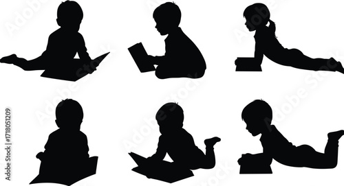Children reading silhouettes, lying poses, literacy icons, black vector, book engagement, isolated, set, education, study, calm, learning, youth