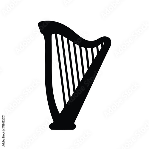 Silhouette illustration of a harp stringed instrument on a white background