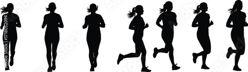 Running motion silhouettes, female jogger sequence, stride analysis, fitness biomechanics, black vector, isolated, set, ponytail, dynamic pose, athletic