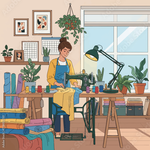 Woman sewing at a vintage machine in a bright craft room