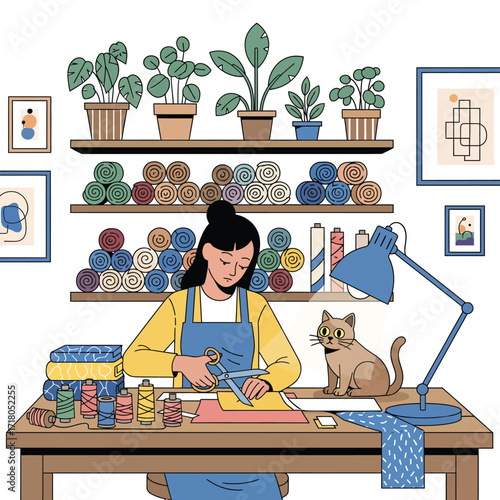 Woman sewing with cat and plants in a craft room hobby