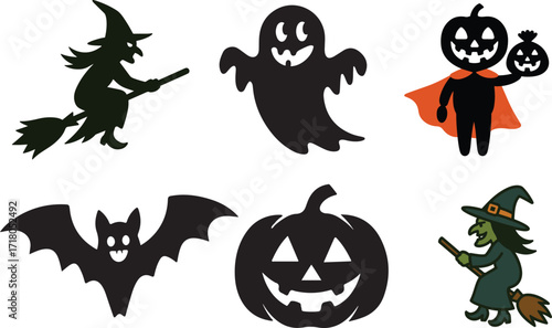 Happy Halloween silhouette icon set vector art and illustration.