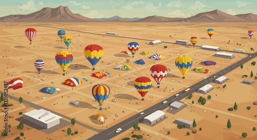 An impressive flat design vector illustration offering an aerial, bird's-eye view of the expansive Albuquerque International Balloon Fiesta park, showcasing numerous hot air balloons