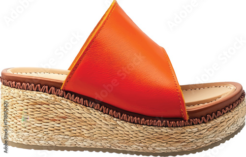 Orange Wedge Sandal with Woven Wedge Sole and Brown Trim on a White Background shoe footwear
