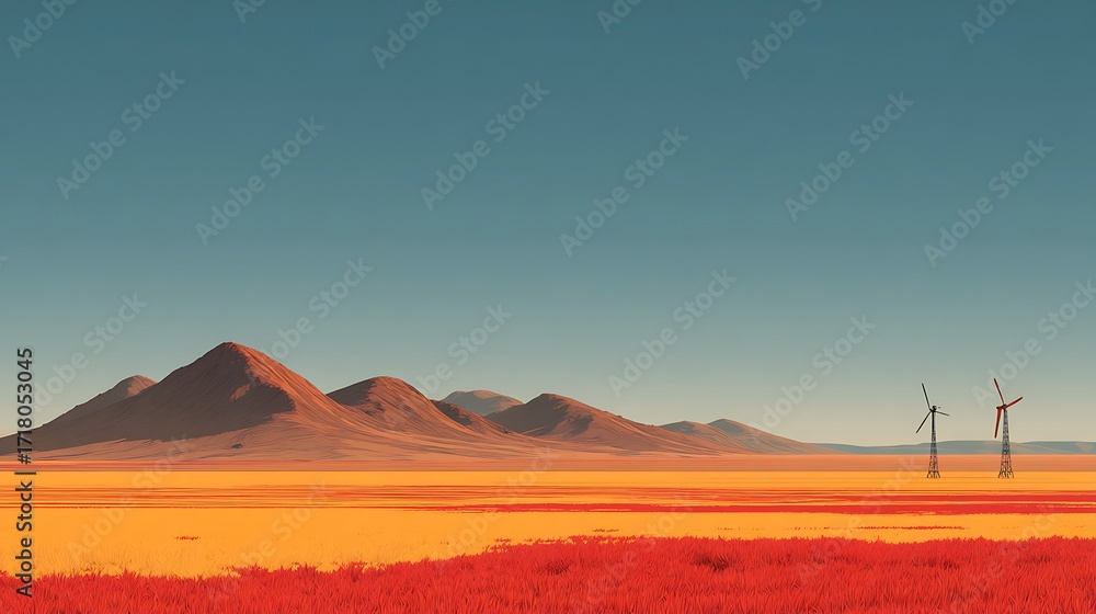 Naklejka premium Three Colorful Wind Turbines on a Flat Desert Landscape under a Bright Blue Sky