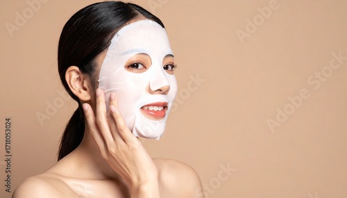 A beautiful young Asian woman with a radiant smile applies a white cosmetic sheet mask as part of her daily skincare routine.