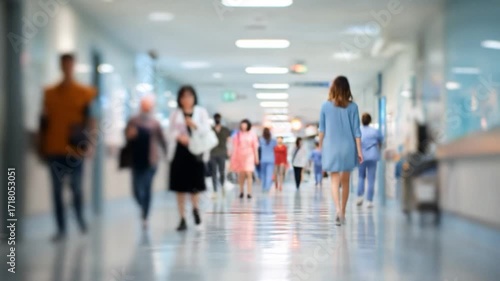 Blurred image of people walking in a brightly lit corridor