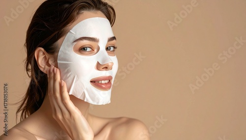 A young woman with a white sheet mask on her face, smiling and looking at the camera, with her hand gently touching her cheek against a plain beige background.