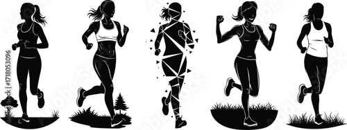 Running woman silhouettes, fitness poses, jogging styles, motion graphic, abstract runner, black vector, isolated, set, active, lifestyle, energy