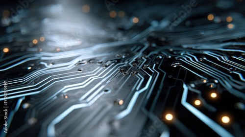 Abstract Close-Up of Circuit Board Patterns with Glowing Elements