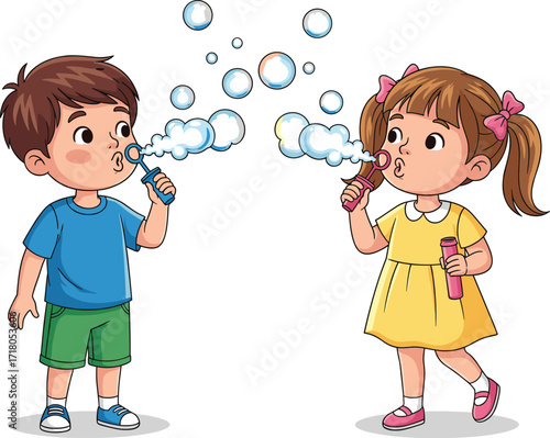  Happy kids boy and girl blowing soap bubbles in the air, having fun playing with toy, cartoon vector illustration
