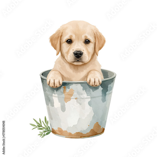 Watercolor puppy portrait a charming golden labrador nestled in a vintage bucket with love