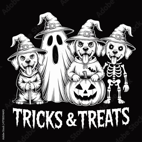 A Halloween-themed illustration features four anthropomorphic dogs in costumes - the viewer is looking at you. The dogs are lined up,