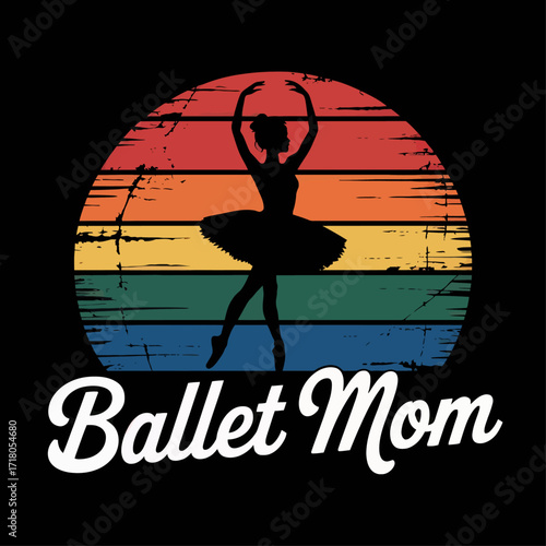 A vintage-style silhouette of a ballerina in a tutu and pointe shoes. The silhouette is set against a background of a colorful horizontal striped pattern reminiscent of a retro sunset.