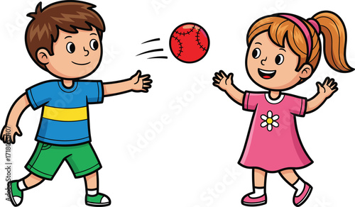 
Happy young boy and girl playing catch with a red ball, having fun outdoors with joyful smiles on their faces, simple cartoon style on white background
