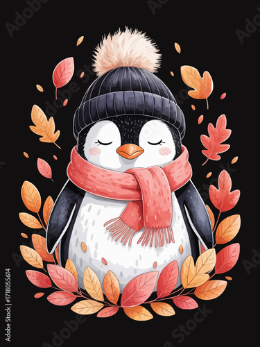 A charming digital illustration features a cartoon penguin draped over a cozy autumn scene
