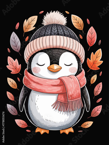 A charming digital illustration features a cartoon penguin draped over a cozy autumn scene