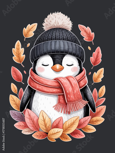 A charming digital illustration features a cartoon penguin draped over a cozy autumn scene