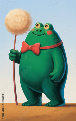 A digital image of a chubby green monster character standing upright on a brown clay surface on a light blue background.
