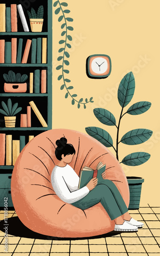A man in green pants and white house shoes is curled up in a soft peach bean bag chair with a blanket and a book.