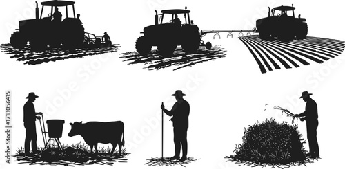 Agricultural Silhouettes of Farmers, Tractors, and Livestock – Black and White Vector Farming and Rural Life Set