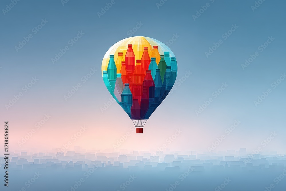 Naklejka premium Colorful Hot Air Balloon with Bottle Shapes Floating in Sky