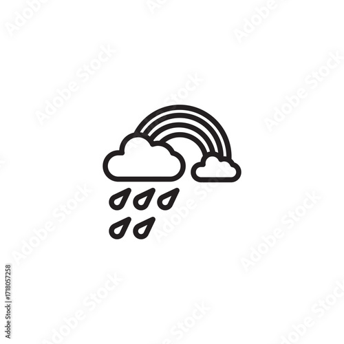 An outline icon of a rainbow with clouds and raindrops.
