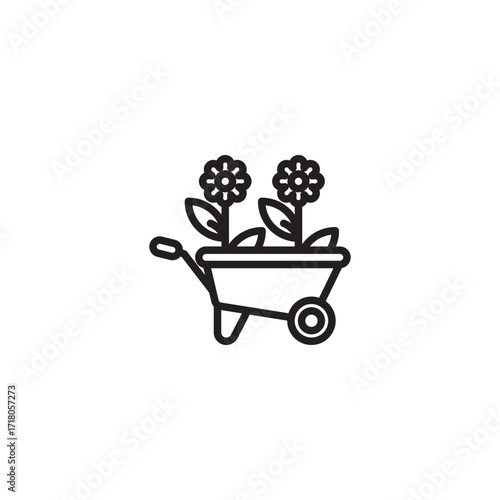 An outline icon of a wheelbarrow filled with plants or flowers.