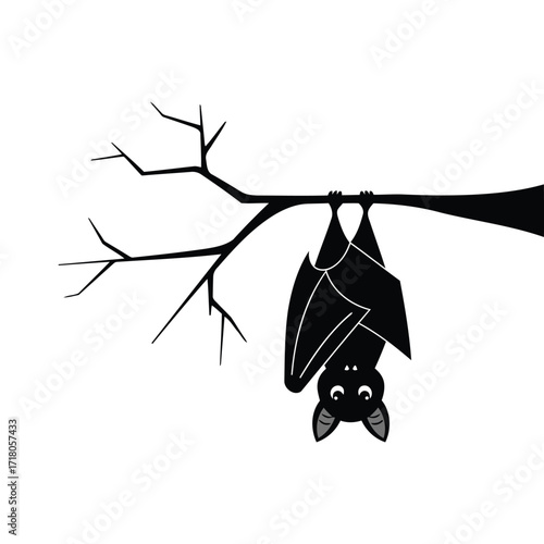 Cute black bat hanging upside down from a bare tree branch, simple cartoon illustration on a white background.