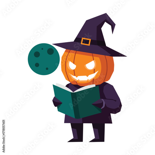 A cartoon pumpkin character with glowing eyes, wearing a witch hat and a dark robe, reading a green book under a dark green moon.