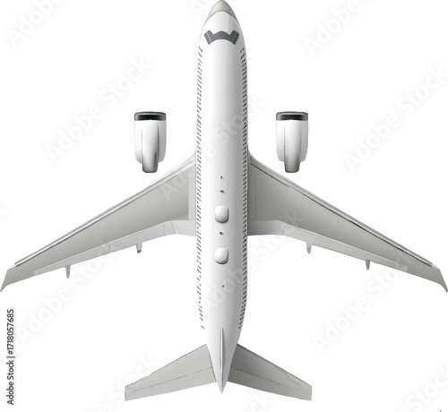 Top View of a White Jet Airplane with Detailed Windows and Engines on a White Background aircraft