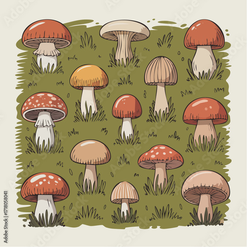 charming mushroom forest pattern in earthy sponge wash with pencil outlines