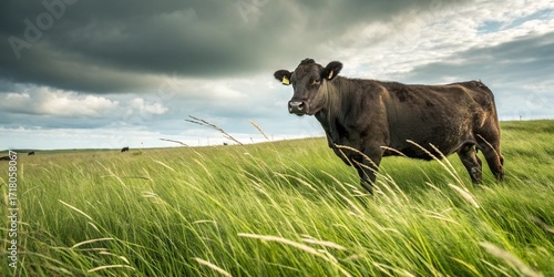 Aberdeen Angus cows graze on a green meadow.