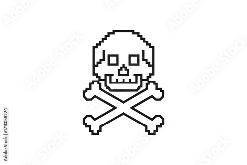 Pixel Art Skull with Crossbones on White Background, Detailed Icon Design