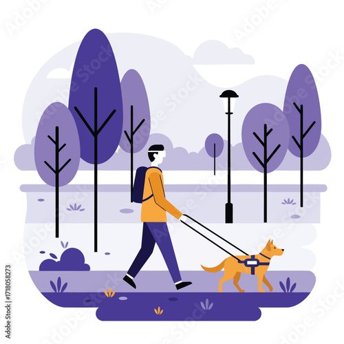 Person walking a dog in a park with trees and a lamppost.