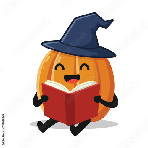 A cute cartoon pumpkin character wearing a witch hat sits and happily reads a red book.