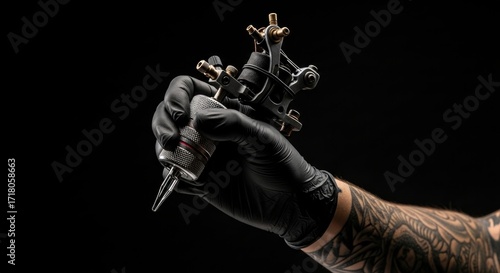 Tattoo artists hand in black glove holding tattoo machine against dark background Arm shows tattoos